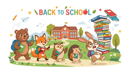 Back to School Animals: A whimsical illustration depicts a charming group of anthropomorphic animal students, including a bear, fox, owl, hedgehog, and rabbit. © Karima