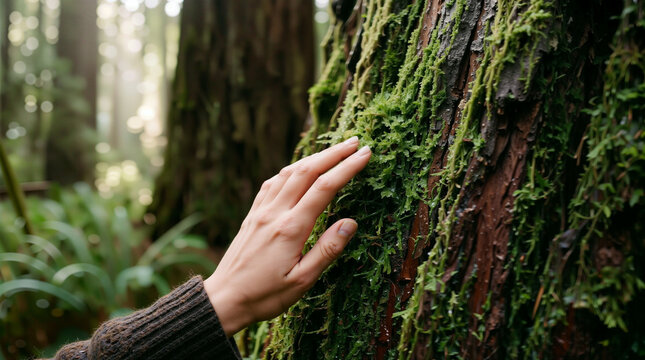 Hand touching moss on tree trunk in forest with soft sunlight