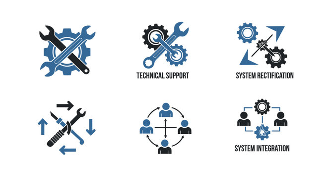 Illustration of Technology and IT Support Icons for System Maintenance and Recovery.