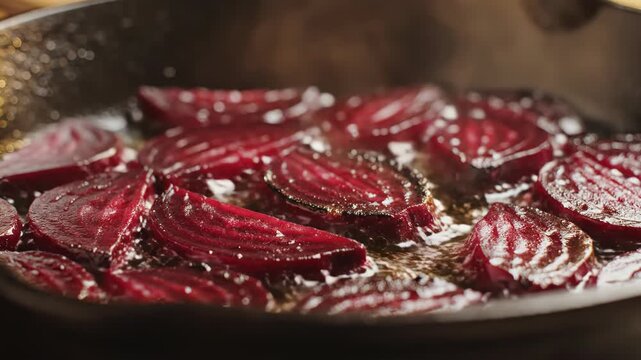 Sliced red beets searing in hot oil in a cast iron pan, featuring caramelized edges, rising steam, and bubbling liquid during the pan-frying process in a kitchen setting.