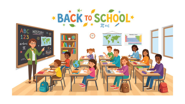 Back to School Classroom Scene: A vibrant illustration depicts a lively classroom setting with a teacher at the blackboard, engaging young students seated at their desks, ready for a day of learning.