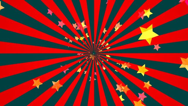 Vibrant red and dark teal starburst pattern with yellow stars