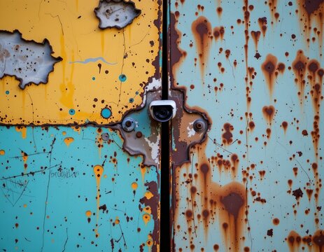 Colorful Weathered Walls with Modern Security Camera