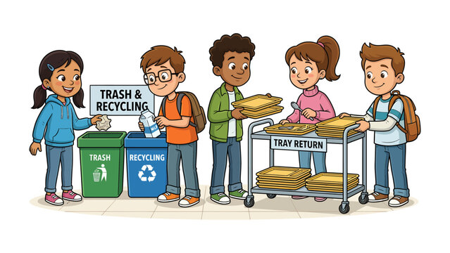 Kids Sorting Recycling and Returning Trays: Children in a school setting are actively engaged in sorting trash and recycling, with one child placing a bottle into the recycling bin.