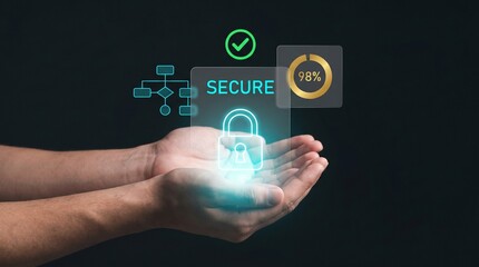 Fototapeta premium Open Hands Present Glowing Secure Padlock Interface to Display Network Flowchart, Show Progress Percentage, Confirm Verification Status, Protect Data Privacy, and Encrypt Online Access