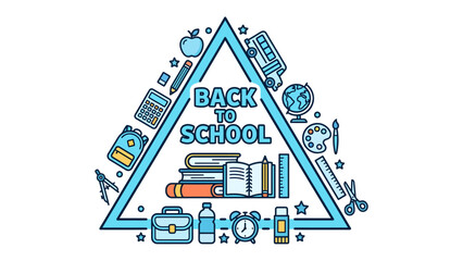 Fototapeta premium Back to School Collection: A vibrant illustration depicting essential school supplies and educational tools arranged within a triangular frame, signaling the start of a new academic year.