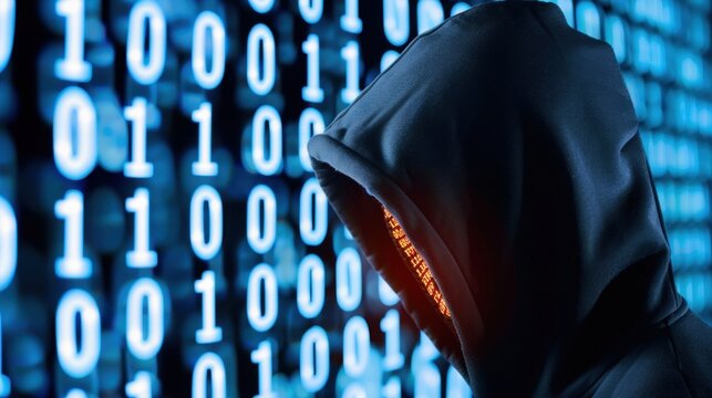 Mysterious Figure in Dark Hoodie with Digital Binary Code Background Representing Cybersecurity and Hacking Concepts