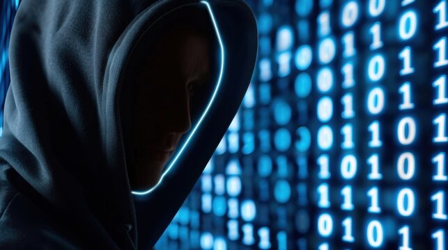 Mysterious Figure in a Hoodie Silhouette Against a Digital Binary Code Background
