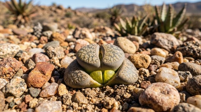 Close Up of Lithops Living Stone Succulent Plants Among Natural Pebbles