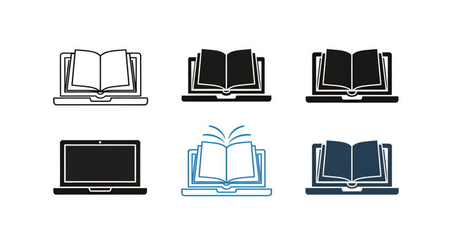 Collection of open book and laptop icons representing reading and learning concepts.