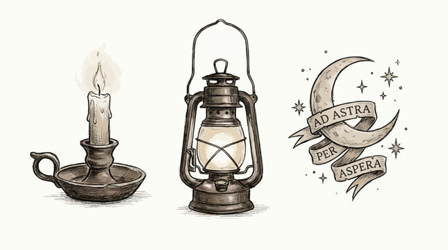 Vintage hand-drawn set of illumination and celestial symbols a candle, antique oil lamp, and crescent moon with 'Ad Astra Per Aspera' motto