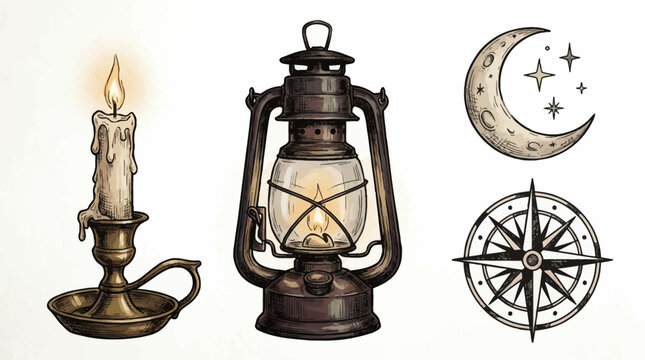 Vintage lantern and candle illuminate compass and moon night