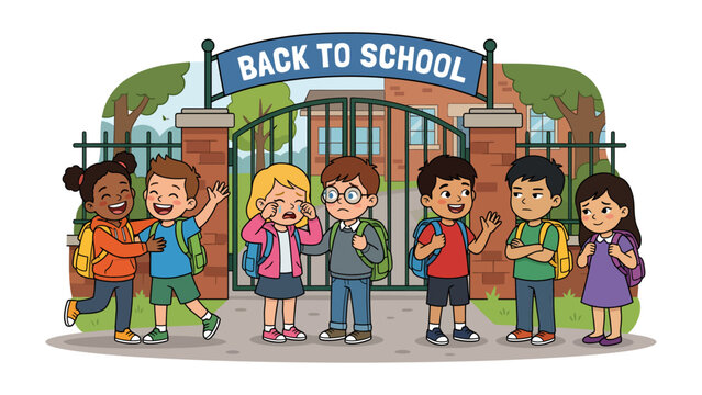 Back to School Excitement: A group of diverse children, some beaming with joy and others looking apprehensive, gather at the school gates under a Back to School banner.