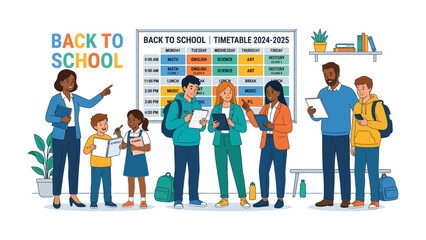 Obraz premium Back to School Learning Environment: Teachers and students gather around a timetable in a vibrant classroom setting, signifying the start of a new academic year filled with learning and growth.