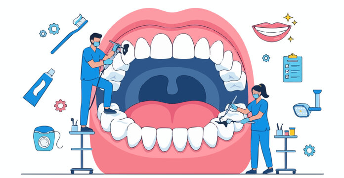Dental care concept vector illustration with tiny dentists cleaning teeth in huge mouth