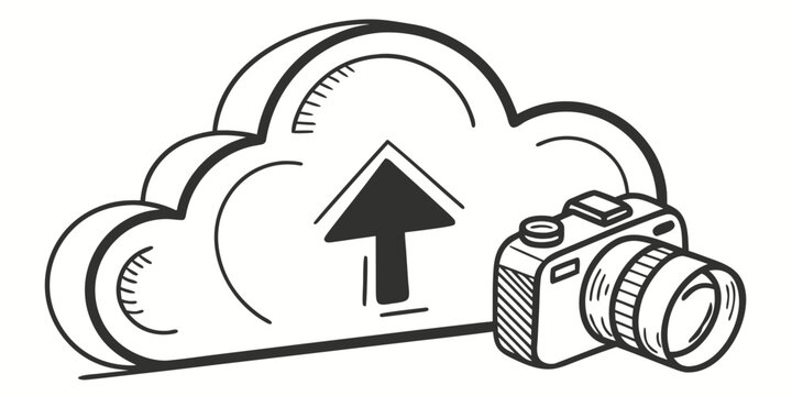 Cloud photography backup concept vector illustration with photography pictures computing internet transfer technology graphics equipment photographer management database information