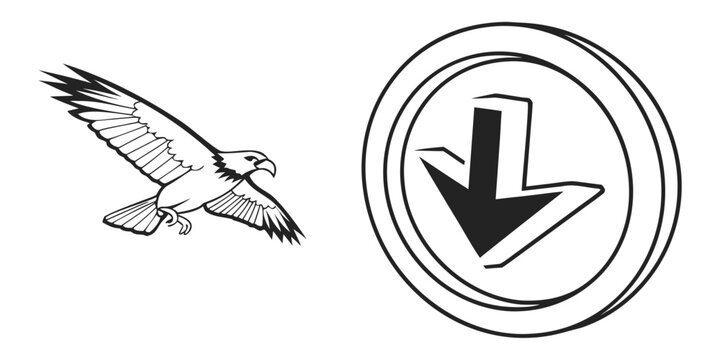 Eagle in flight with outstretched wings beside a 3D perspective circular button with a down arrow perspective wildlife predator illustration navigation direction silhouette interface movement