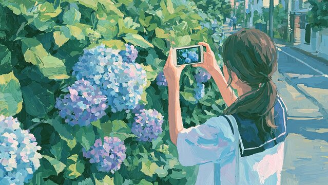 紫陽花をスマートフォンで撮影する女子学生 初夏の街並み イラスト