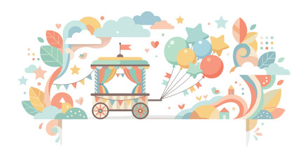 A whimsical pastel vector illustration featuring a festive circus cart with colorful balloons in a dreamy landscape of clouds, stars, and rainbows. © Regina