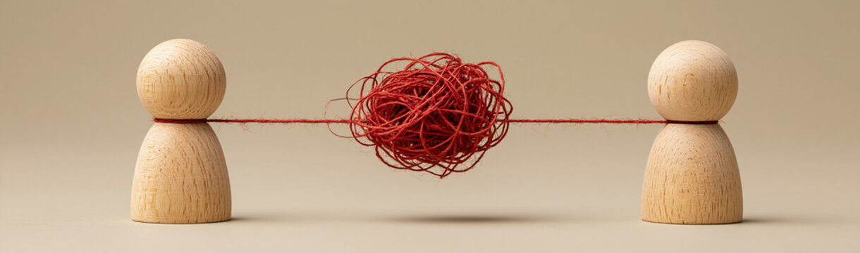Communication Breakdown: Two wooden peg figures are connected by a tangled red thread, symbolizing a complex and unresolved communication problem or emotional entanglement.