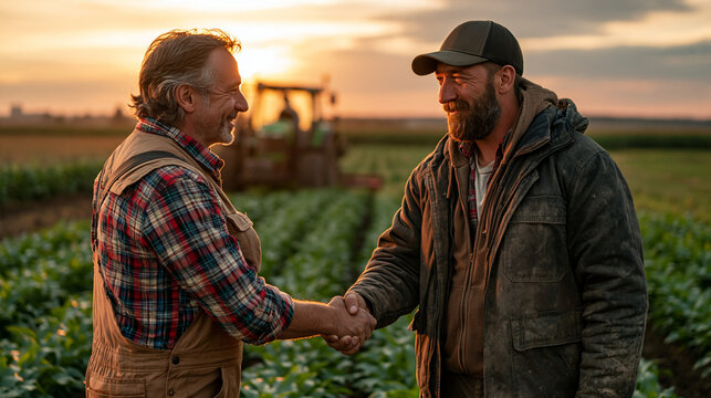 Farmer Handshake at Sunset: Two farmers shake hands in a field of crops at sunset, with a tractor in the background, signifying partnership and agreement.