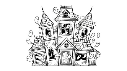 A spooky haunted house stands eerily alone in darkness at night. © Avra