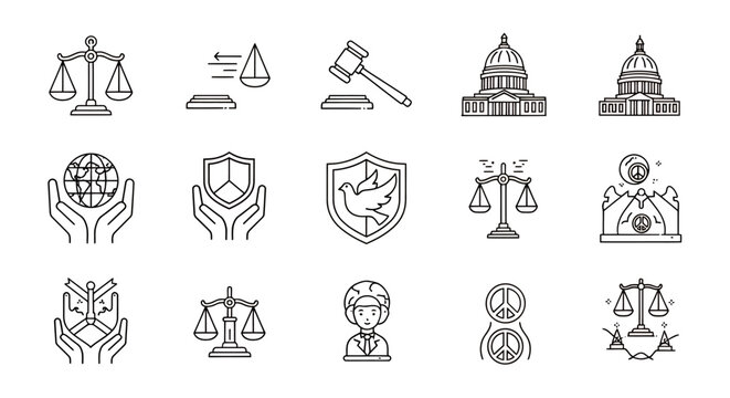 Collection of legal and justice themed icons including scales, gavel, courthouse domes, shield and balance symbols for law, governance, and democracy visuals.