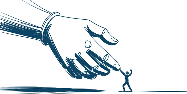 Giant hand reaching down to help a tiny person standing on a white background 