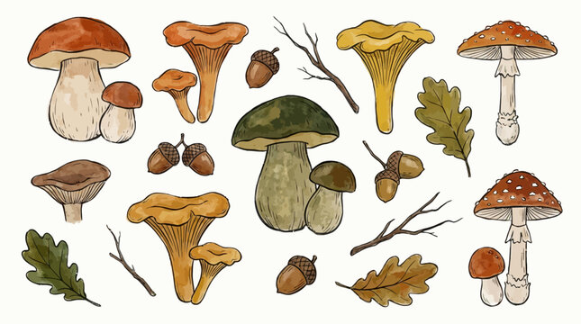 Various mushrooms and forest elements arranged on a surface