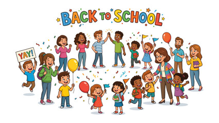 Fototapeta premium Back to School Excitement: A vibrant and diverse group of children and adults celebrate the start of a new school year, surrounded by colorful confetti and festive balloons.