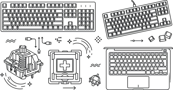 Mechanical Keyboard And Laptop Custom Key Switch Vector Icon Set With Cable Symbols,