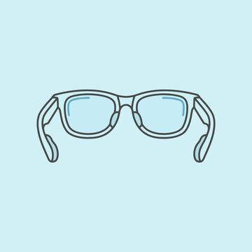 A simple illustration of blue eyeglasses on a light background
