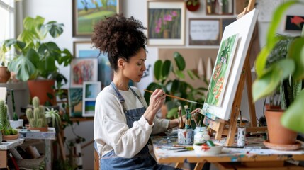 Fototapeta premium Young artist painting a vibrant nature scene in a bright studio filled with plants and artwork, showcasing creativity and passion