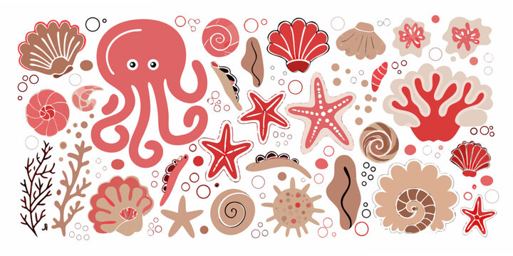 Marine life illustration featuring octopuses starfish and seashells