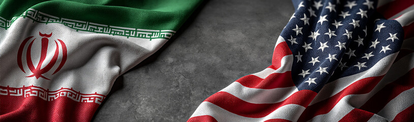 Obraz premium Bilateral Relations: A stark visual representation of diplomatic ties, juxtaposing the national flags of Iran and the United States, suggesting a complex relationship between the two nations.