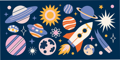 Planets Rocket And Sun Vector Illustration With A Dark Blue Background © Dipu