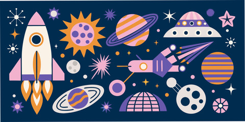 Space Exploration Scene A Colorful Vector Illustration With Planets And Rockets © Dipu