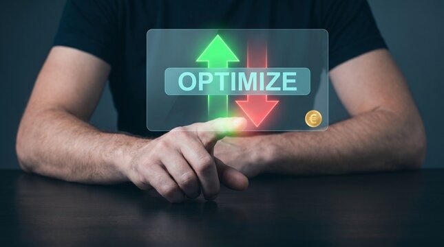 Businessman Touches Glowing Optimize Interface at Dark Desk to Raise Quality Arrow, Lower Cost Indicator, Balance Resource Trade, Improve Efficiency Output, and Maximize Business Performance Growth