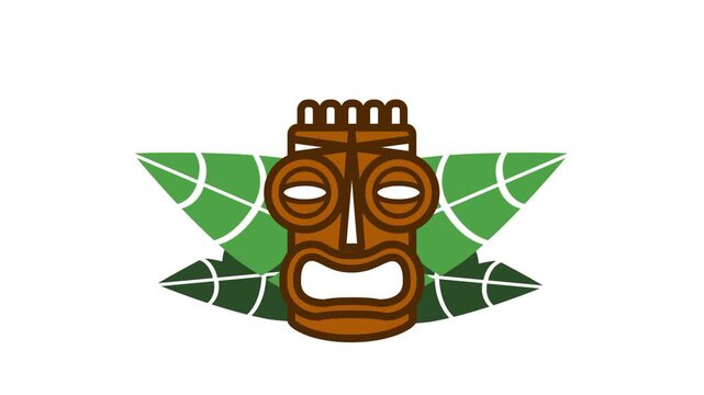 A colorful animated tribal Tiki mask icon with green tropical leaves on either side displayed on a clean white background panel