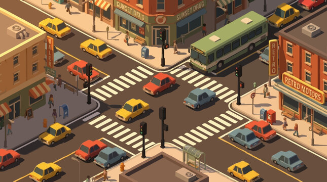Aerial view of busy urban street intersection with cars and tram in city traffic
