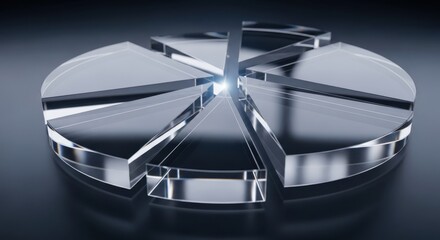 A shiny metallic pie chart with glowing lines on a dark surface