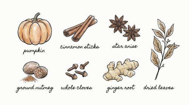 A vibrant illustration of a pumpkin surrounded by cinnamon sticks, star anise, dried leaves, ground nutmeg, whole cloves, and ginger root.