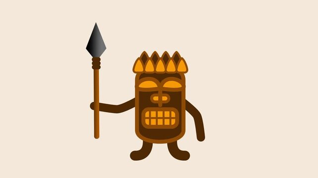 A small animated tribal warrior character holding a long spear standing on a light cream colored background panel