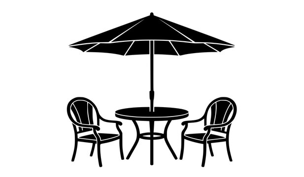 Black Silhouette Patio Set with Umbrella Vector Illustration