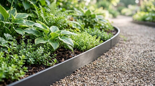 macro of garden pathway border with metal edging and plants, modern landscaping detail