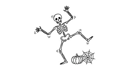 Fototapeta premium A dancing skeleton performs near a spider web and pumpkin.