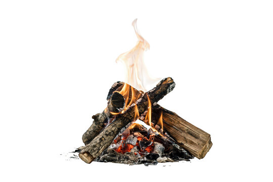 Small campfire with bright orange flames and glowing embers, burning logs on a white background, for outdoor camping, and survival themes