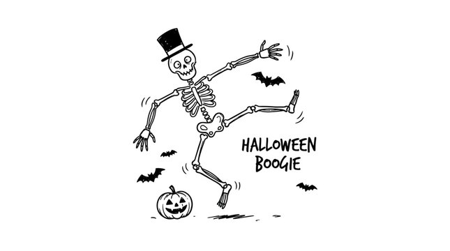 A dancing skeleton wearing a top hat performs a boogie near a jack-o-lantern on Halloween.