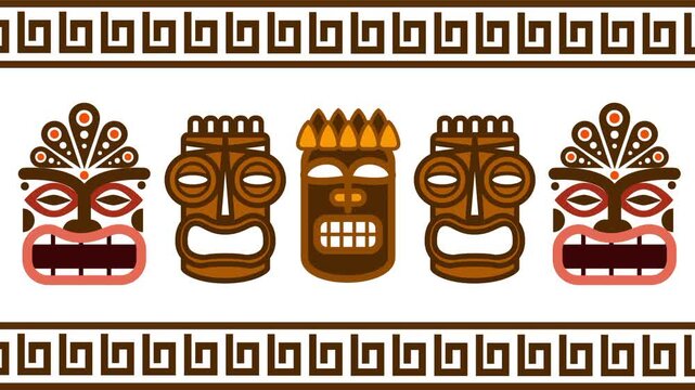 A horizontal row of five varied Tiki masks displayed between two Greek key border strips on a white background panel