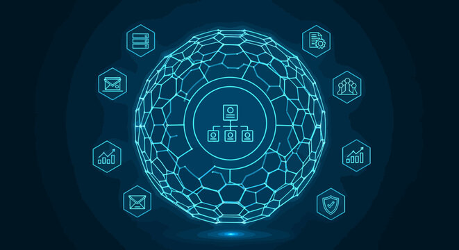 Digital blockchain network with secure data protection and centralized lock icon visualization.